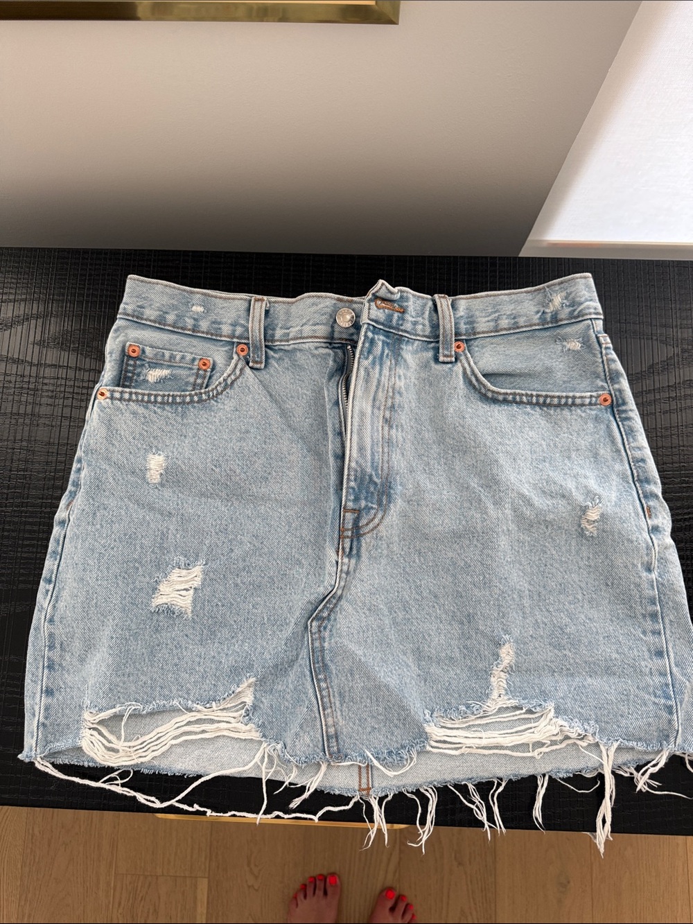 Mango Light Blue Distressed Denim Mini Skirt